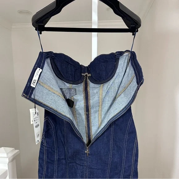NWT Zara Blue Denim Midi Bustier Corset Party Dress Medium - Picture 12 of 16